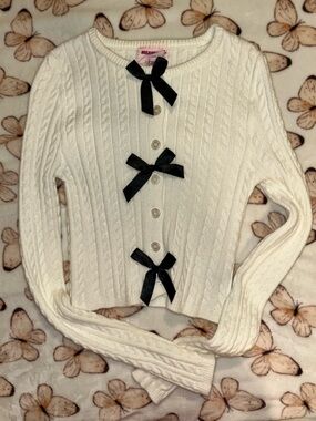 Forever 21 x Mean Girls Cream Cable-Knit Cardigan with Black Bow Trim